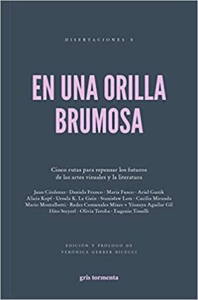 Portada del libro "En una orilla brumosa". Es de color azul oscuro, título de color rosado y texto blanco. El texto muestra el nombre de las autoras del libro y la encargada de la curación.